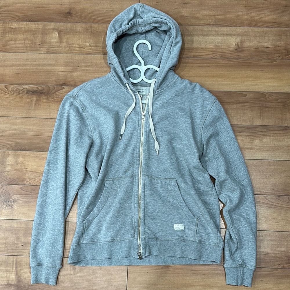 Frank & Oak Gray Zip-Up Sweater with Drawstring Hood (Distressed Look)